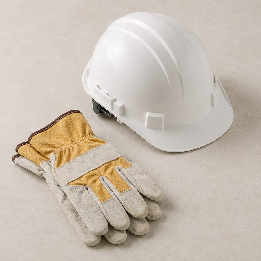 Casque de chantier blanc et gants de protection
