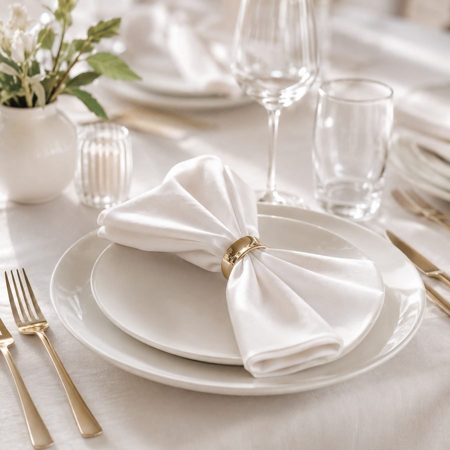 Table dressée avec assiette, verre et serviette pliée
